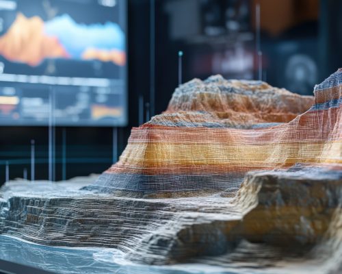 A 3D geological model, showing rock layers and seismic data points on digital displays